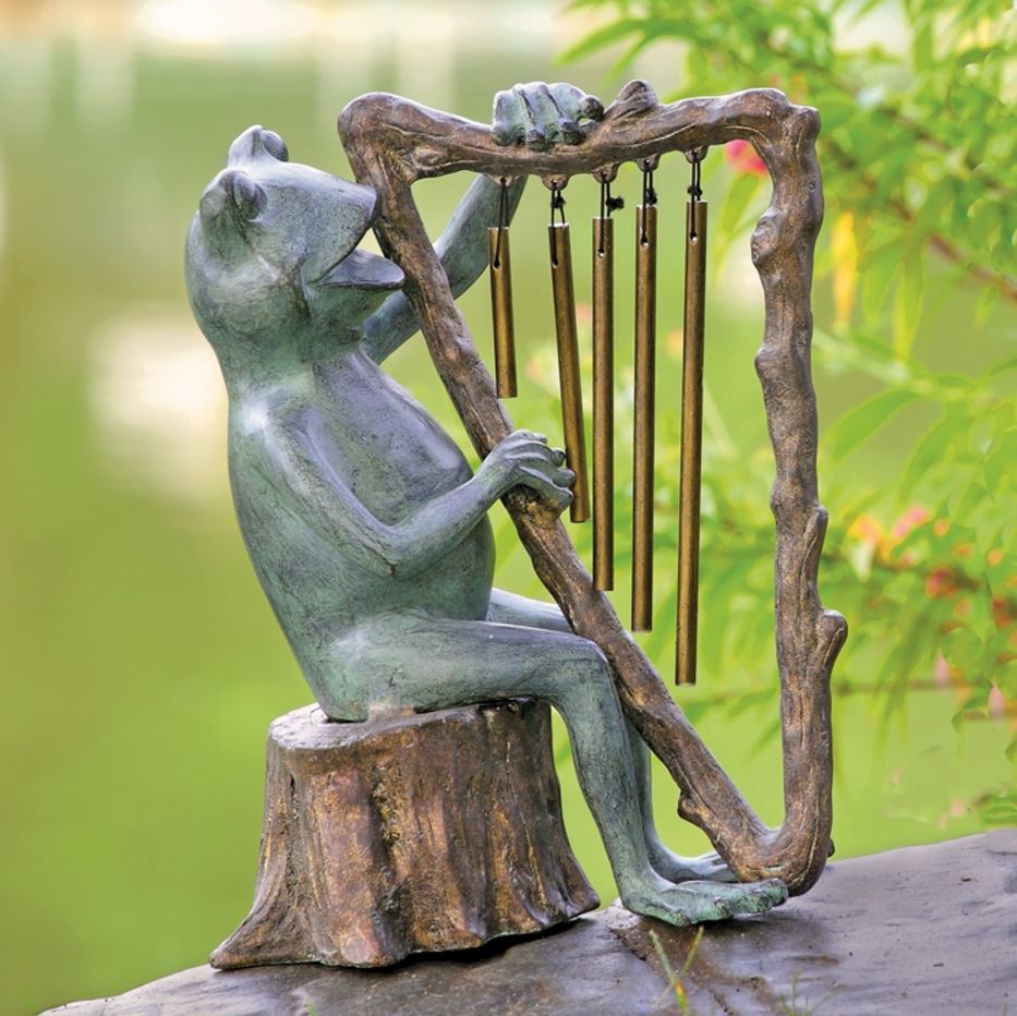 Garden Sculpture - Frog with Harp Windchime